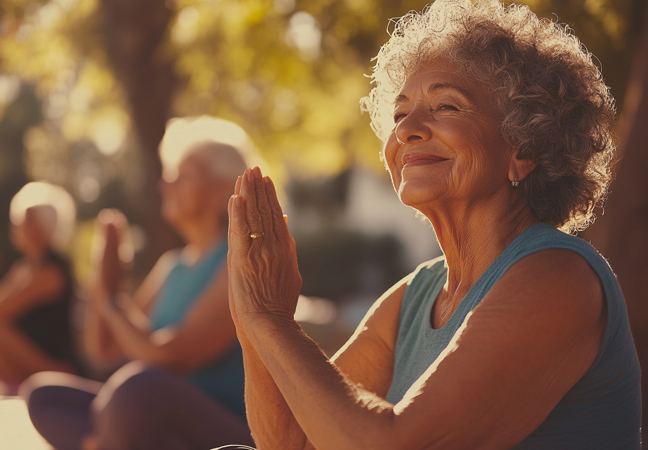 Старша жінка практикує йогу в медитативній позі